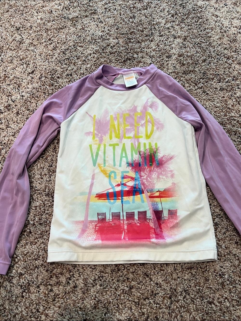 Gymboree Cream Rash Guard with Lavender Raglan Sleeves and Beach Graphic